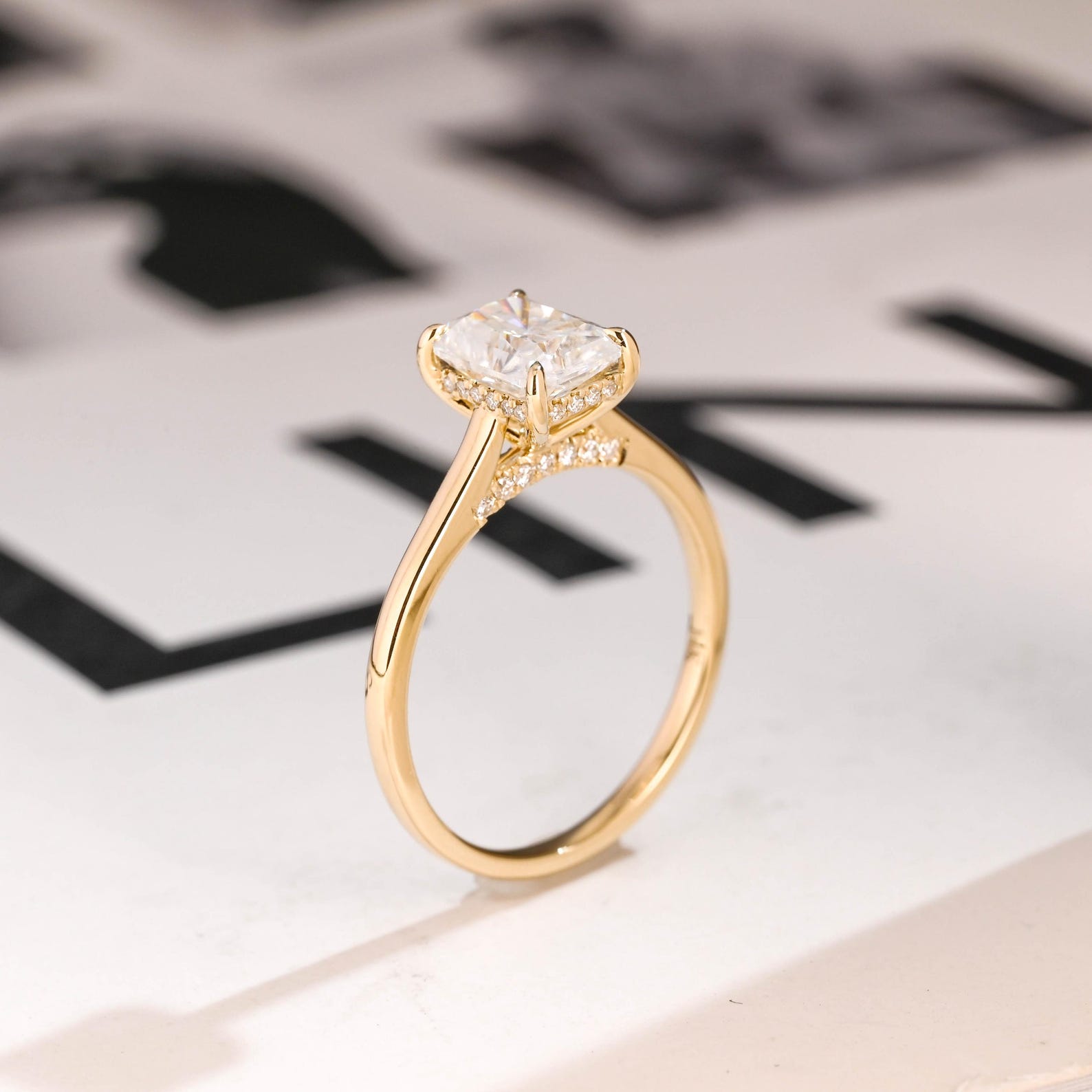 Solid Gold Radiant Cut Moissanite Engagement Ring, Cathedral Hidden Halo Ring