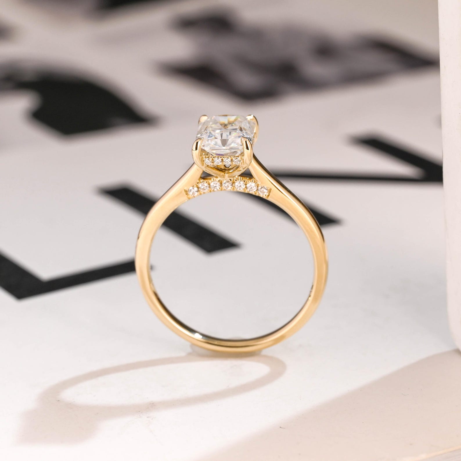 Solid Gold Radiant Cut Moissanite Engagement Ring, Cathedral Hidden Halo Ring