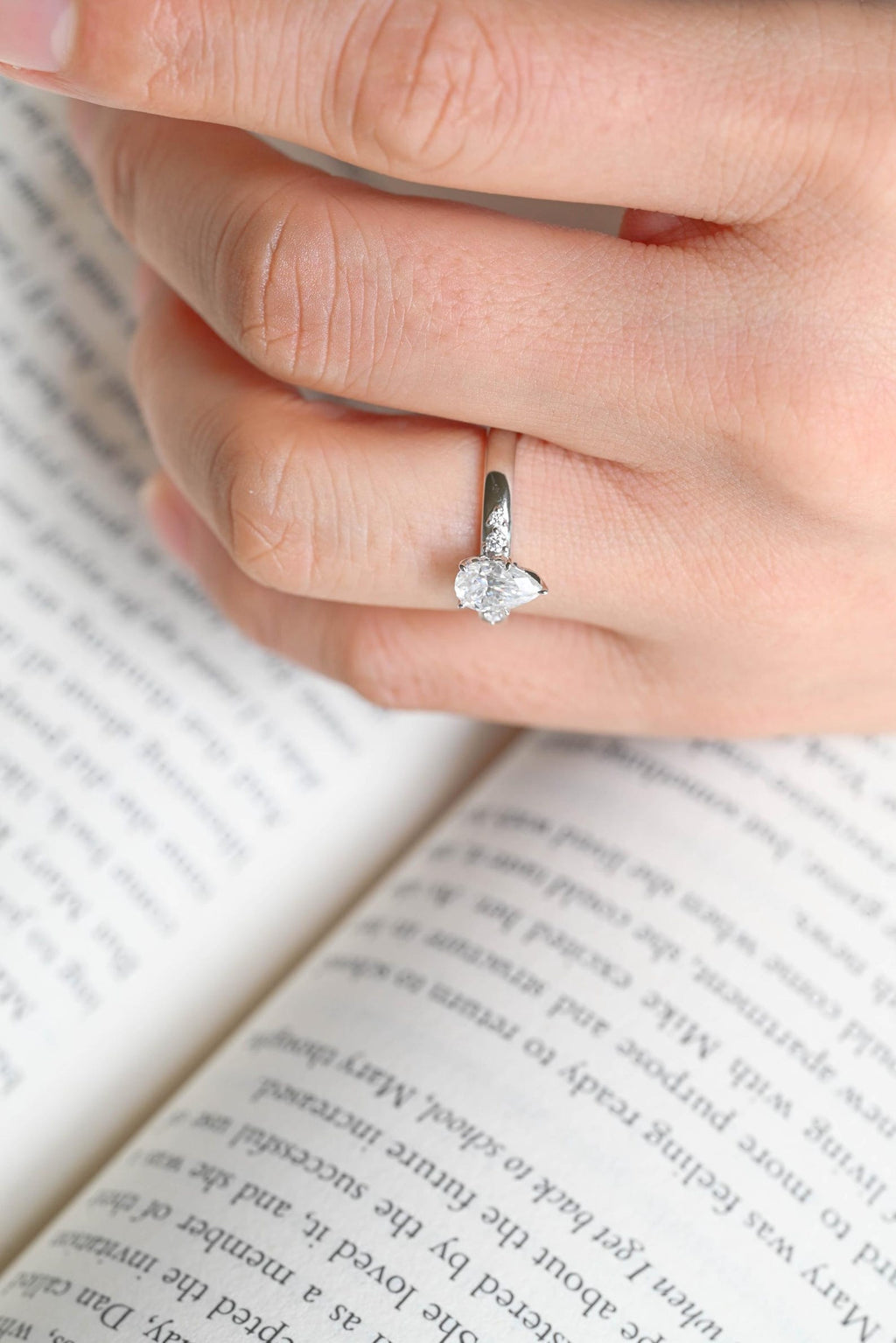 Solid Gold Pear Moissanite Engagement Ring, 3mm Wide Band Ring
