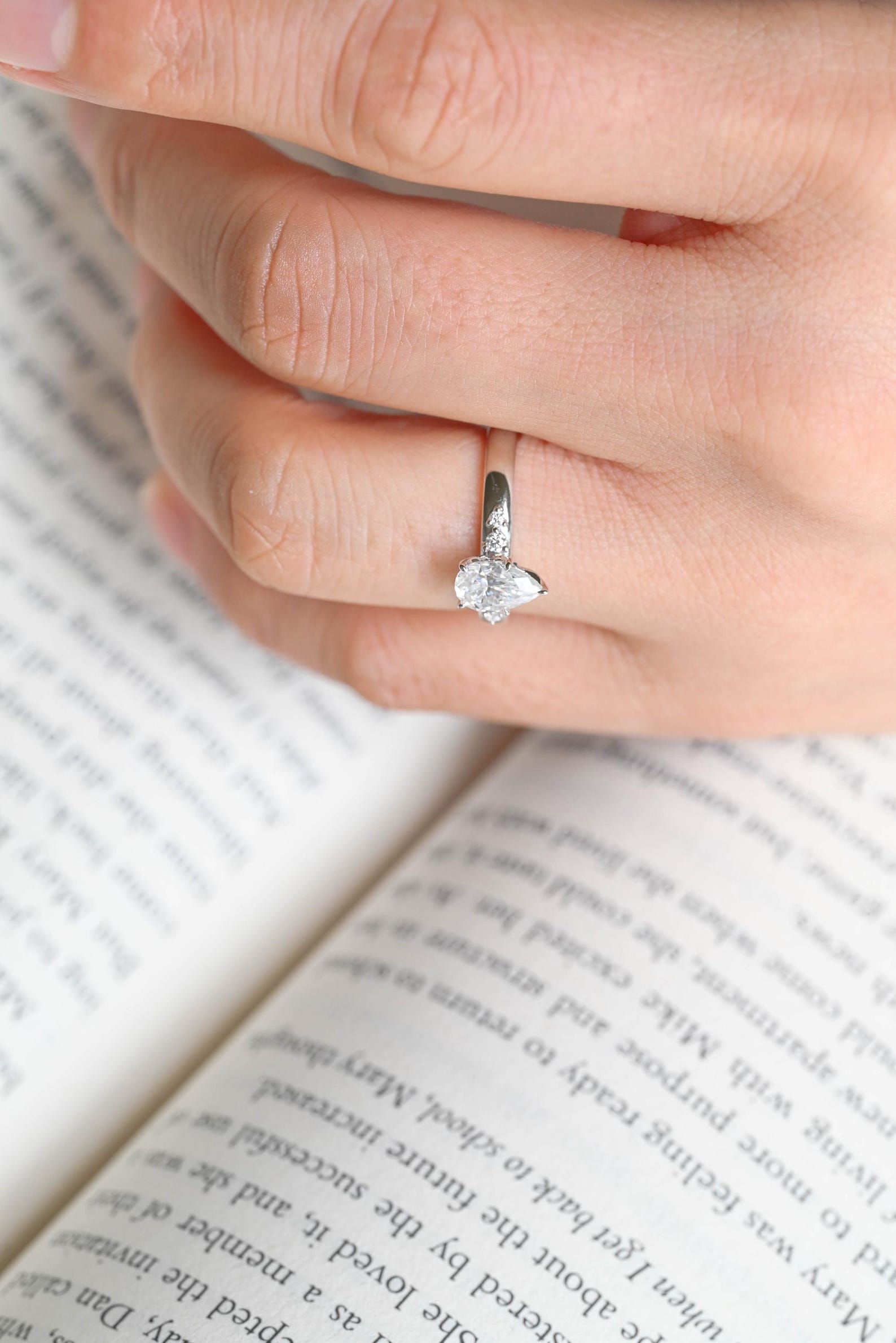 Solid Gold Pear Moissanite Engagement Ring, 3mm Wide Band Ring
