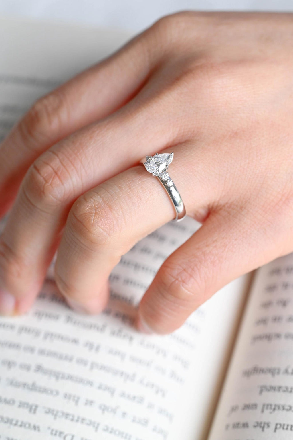 Solid Gold Pear Moissanite Engagement Ring, 3mm Wide Band Ring