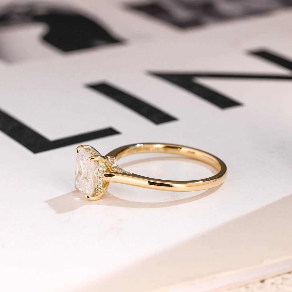 Solid Gold Radiant Cut Moissanite Engagement Ring, Cathedral Hidden Halo Ring