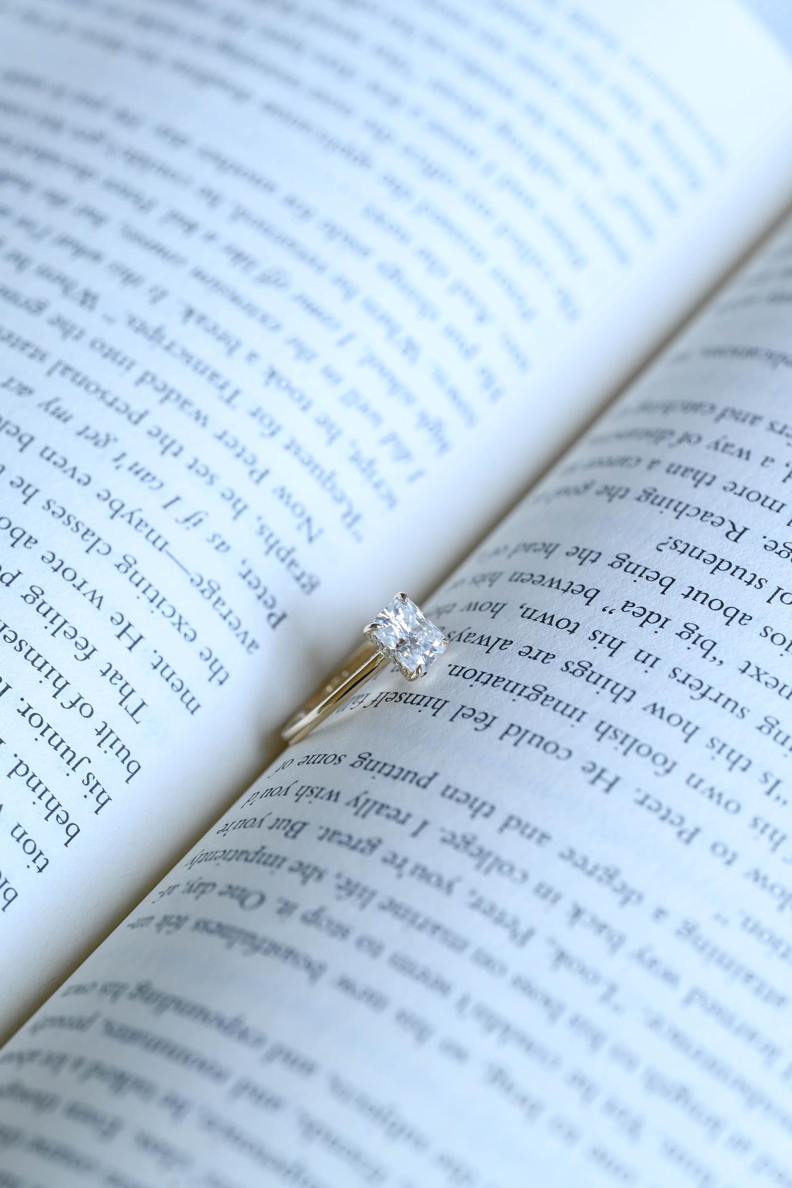 Solid Gold Radiant Cut Moissanite Engagement Ring, Cathedral Hidden Halo Ring