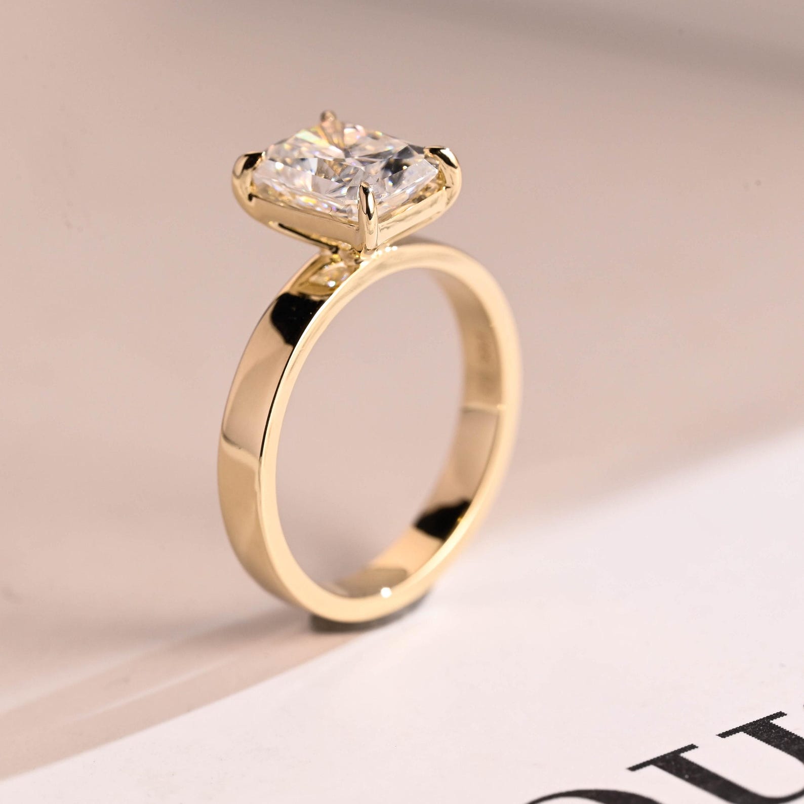 Solid Gold Radiant Moissanite Engagement Ring, Solitaire Ring, Aniversary Gift for Her,