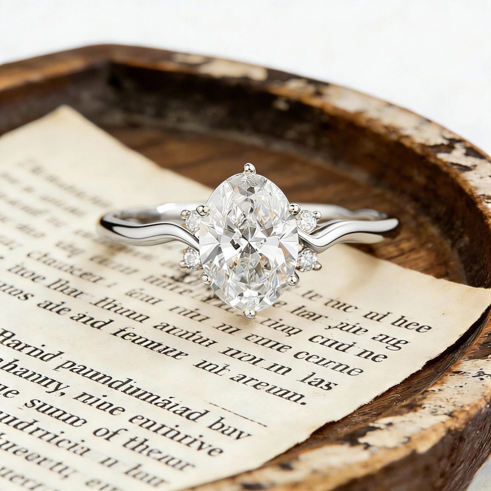 Oval Moissanite Engagement Ring, Curved Gold Engagement Ring, Unique Oval Wedding Ring, Minimalist Promise Ring for Women Main image