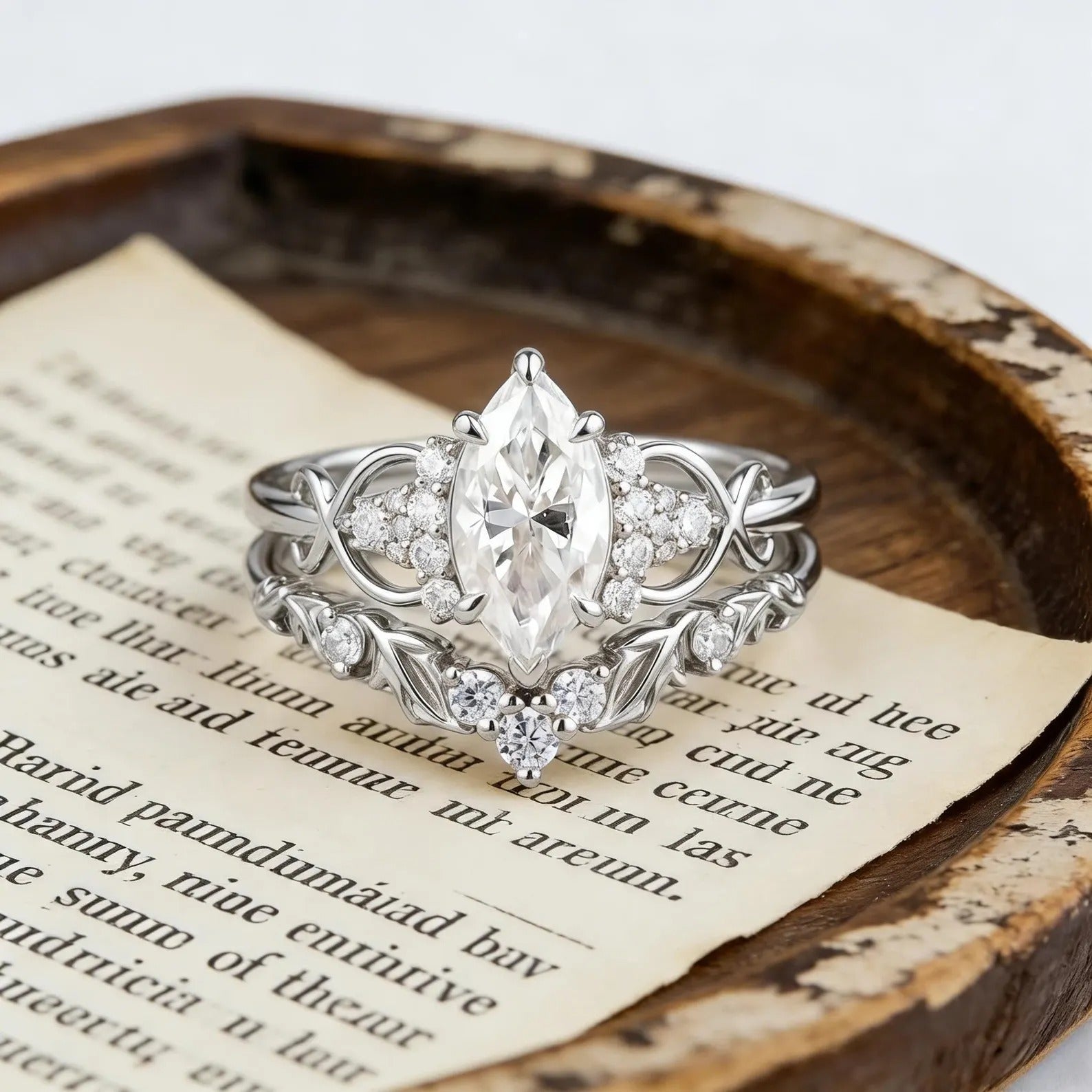 Marquise Moissanite Engagement Ring Set, Unique Leaf Wedding Band, Rose Gold Bridal Set, Cluster Diamond Infinity Ring, Curved Stacking Band