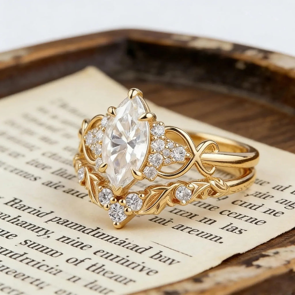 Marquise Moissanite Engagement Ring Set, Unique Leaf Wedding Band, Rose Gold Bridal Set, Cluster Diamond Infinity Ring, Curved Stacking Band