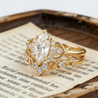 Marquise Moissanite Engagement Ring Set, Unique Leaf Wedding Band, Rose Gold Bridal Set, Cluster Diamond Infinity Ring, Curved Stacking Band
