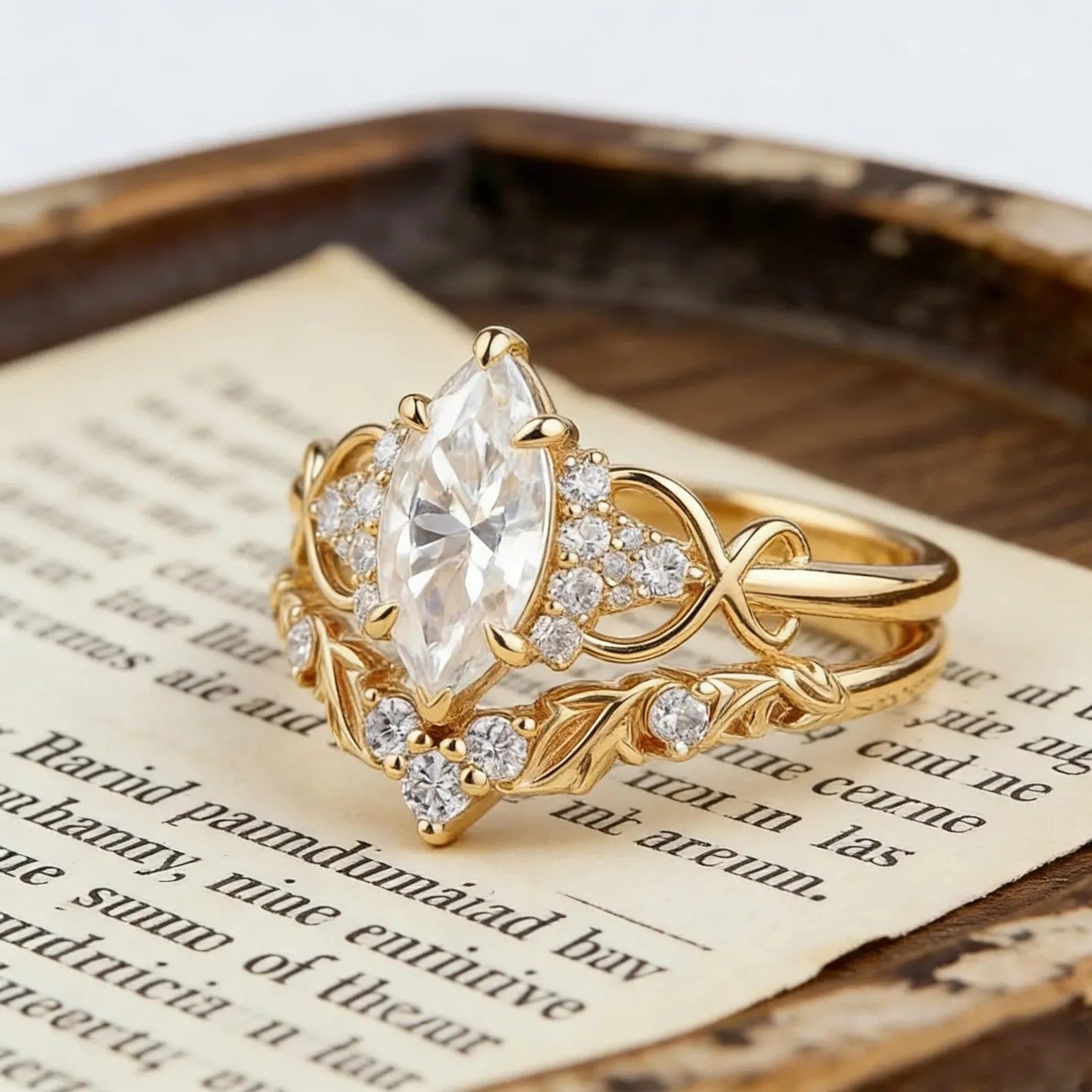 Marquise Moissanite Engagement Ring Set, Unique Leaf Wedding Band, Rose Gold Bridal Set, Cluster Diamond Infinity Ring, Curved Stacking Band