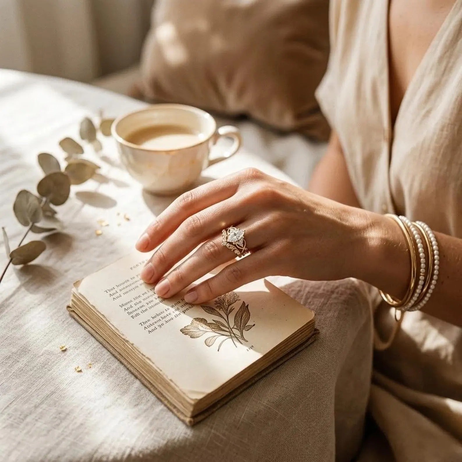 Marquise Moissanite Engagement Ring Set, Unique Leaf Wedding Band, Rose Gold Bridal Set, Cluster Diamond Infinity Ring, Curved Stacking Band