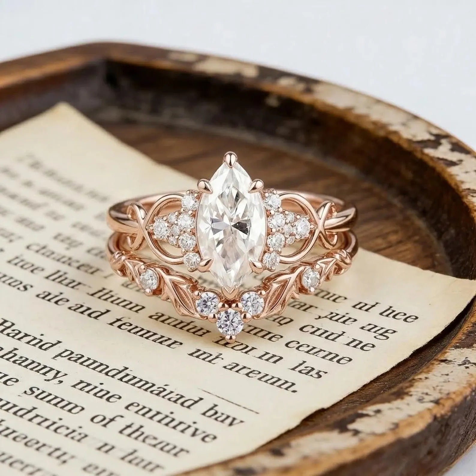 Marquise Moissanite Engagement Ring Set, Unique Leaf Wedding Band, Rose Gold Bridal Set, Cluster Diamond Infinity Ring, Curved Stacking Band Main image