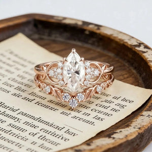 Marquise Moissanite Engagement Ring Set, Unique Leaf Wedding Band, Rose Gold Bridal Set, Cluster Diamond Infinity Ring, Curved Stacking Band