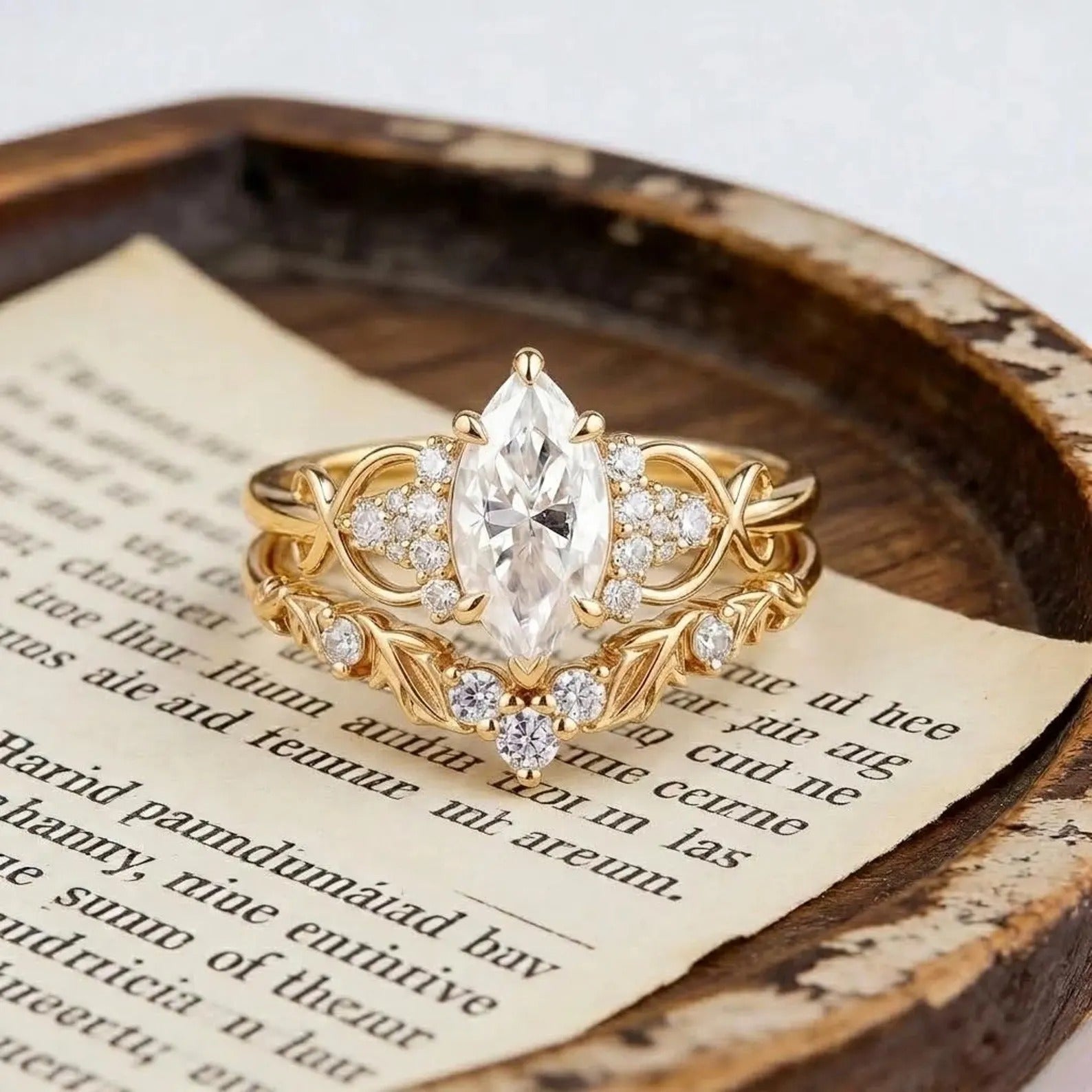 Marquise Moissanite Engagement Ring Set, Unique Leaf Wedding Band, Rose Gold Bridal Set, Cluster Diamond Infinity Ring, Curved Stacking Band Secondary image