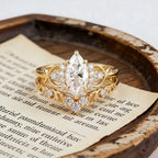 Marquise Moissanite Engagement Ring Set, Unique Leaf Wedding Band, Rose Gold Bridal Set, Cluster Diamond Infinity Ring, Curved Stacking Band