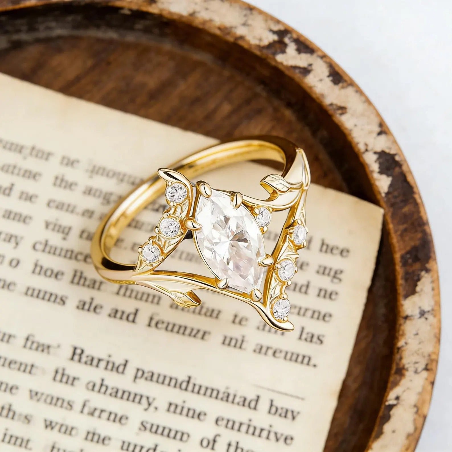 Marquise Moissanite Engagement Ring, Nature Inspired Leaf Vine Ring, Unique Vintage Wedding Ring, Gold Elven Engagement Ring, Promise Ring Secondary image