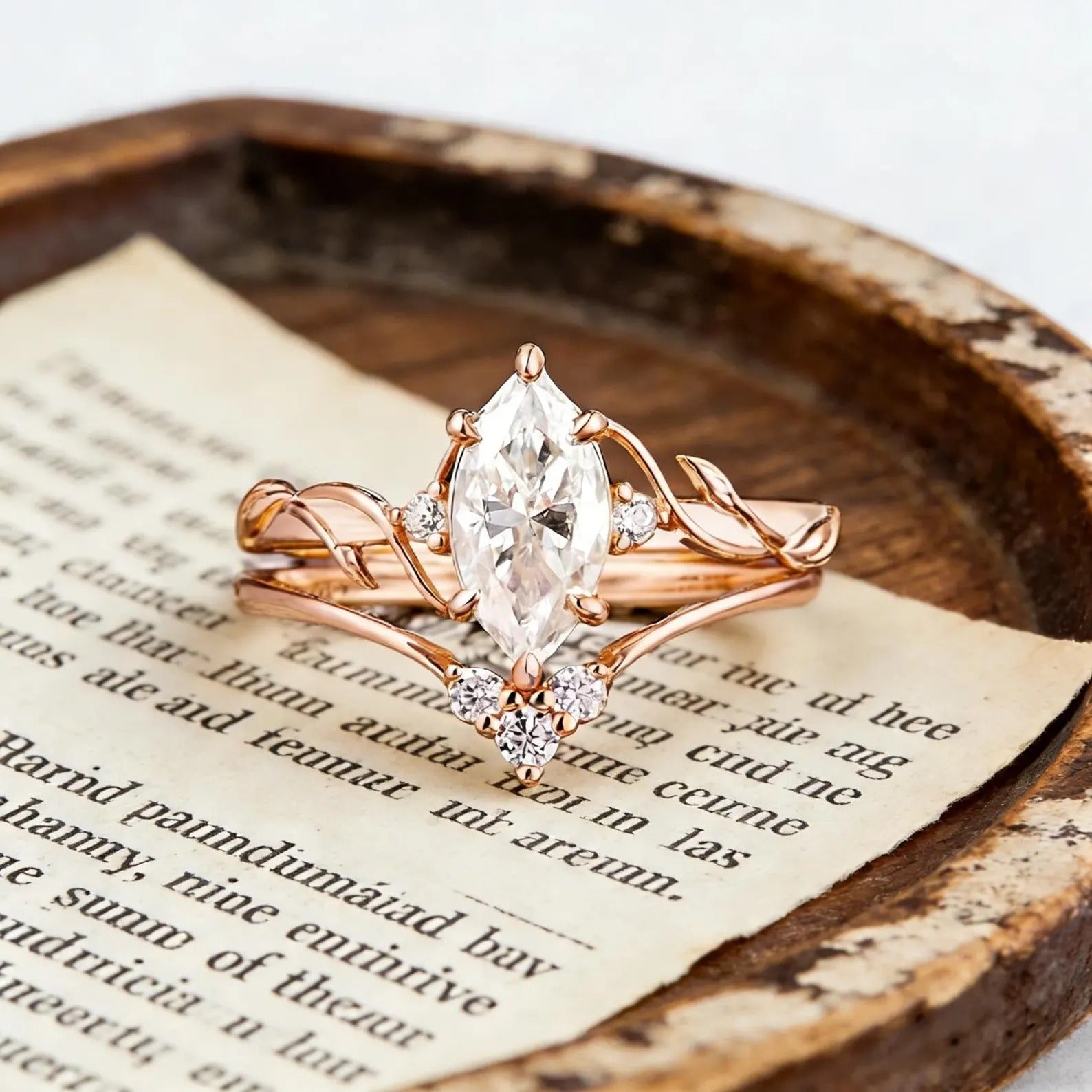 Marquise Moissanite Engagement Ring Set, Nature Inspired Leaf Vine Bridal Ring Set, Vintage Gold Wedding Ring Set, Unique Promise Ring Secondary image