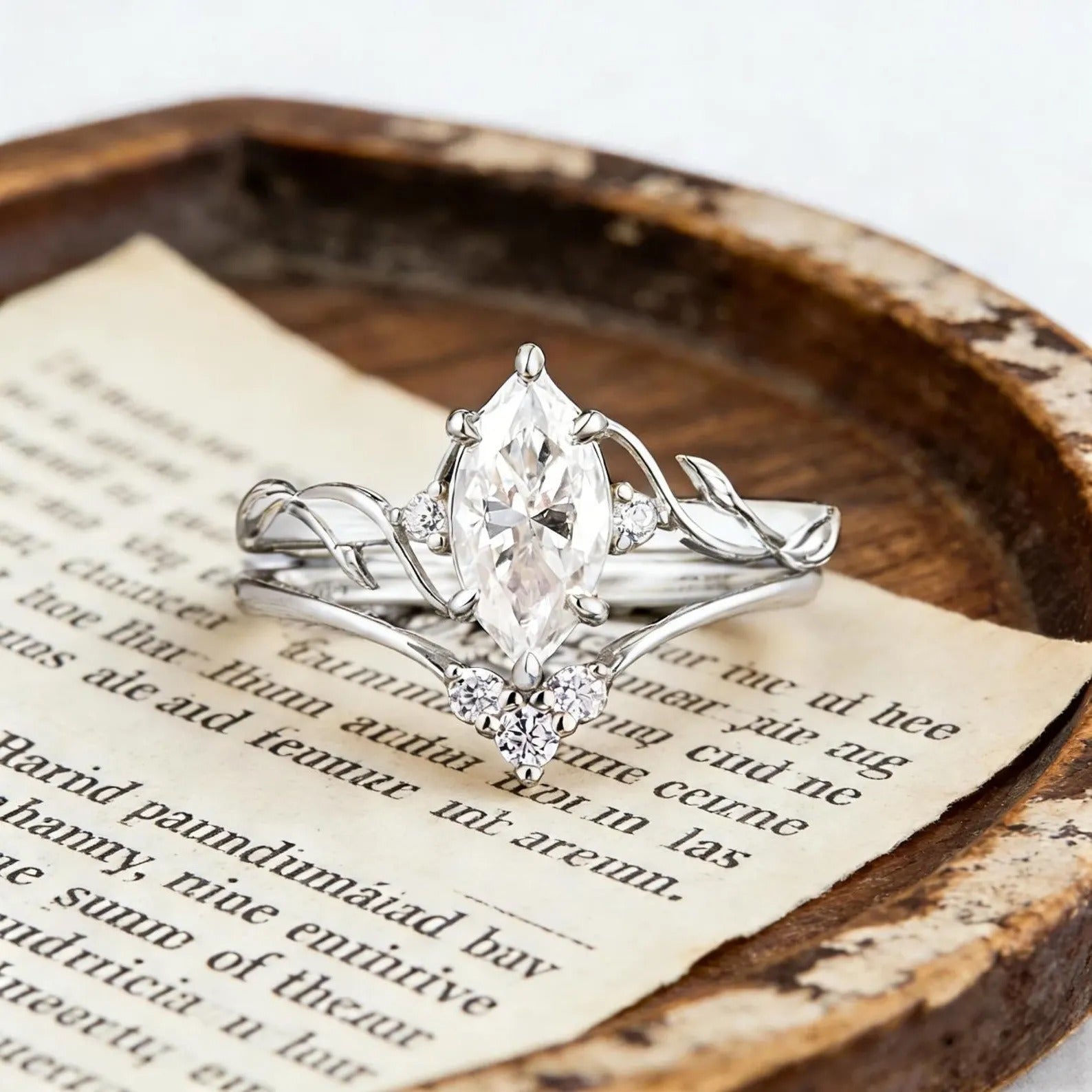 Marquise Moissanite Engagement Ring Set, Nature Inspired Leaf Vine Bridal Ring Set, Vintage Gold Wedding Ring Set, Unique Promise Ring