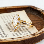 Marquise Moissanite Engagement Ring Set, Nature Inspired Leaf Vine Bridal Ring Set, Vintage Gold Wedding Ring Set, Unique Promise Ring