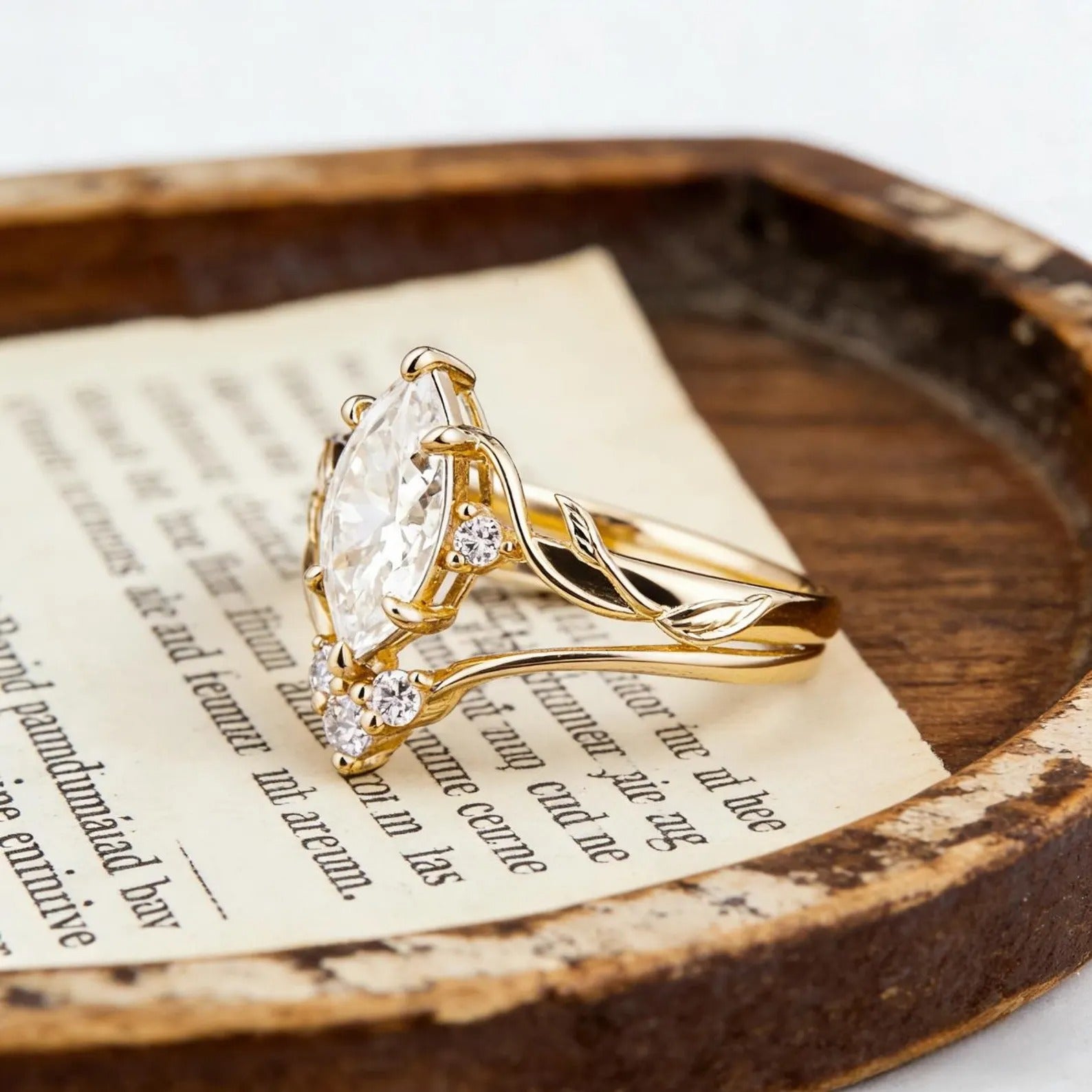 Marquise Moissanite Engagement Ring Set, Nature Inspired Leaf Vine Bridal Ring Set, Vintage Gold Wedding Ring Set, Unique Promise Ring