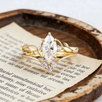 Marquise Moissanite Engagement Ring Set, Nature Inspired Leaf Vine Bridal Ring Set, Vintage Gold Wedding Ring Set, Unique Promise Ring
