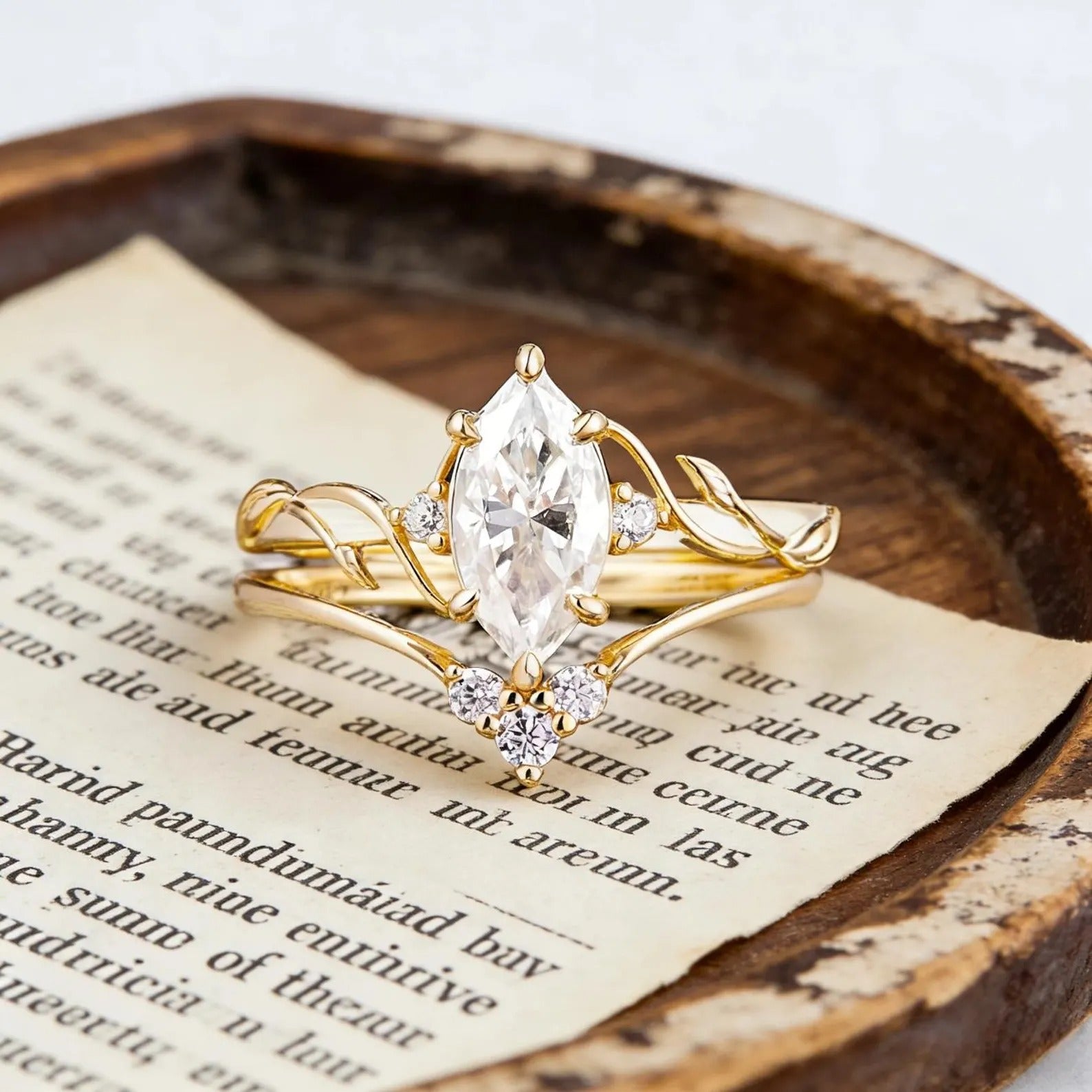 Marquise Moissanite Engagement Ring Set, Nature Inspired Leaf Vine Bridal Ring Set, Vintage Gold Wedding Ring Set, Unique Promise Ring