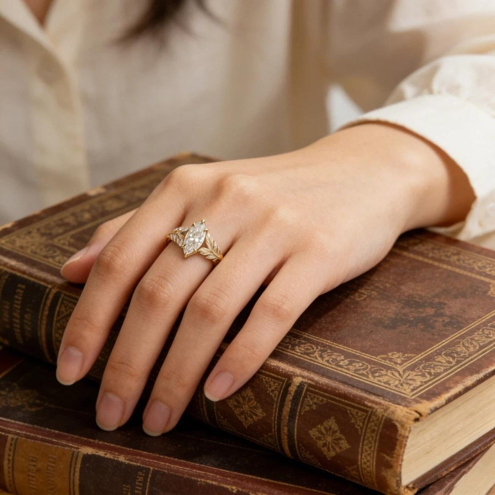 Marquise Moissanite Engagement Ring 1.5ct 14K Gold Leaf Vine Ring Nature Inspired Vintage Wedding Promise Ring for Women