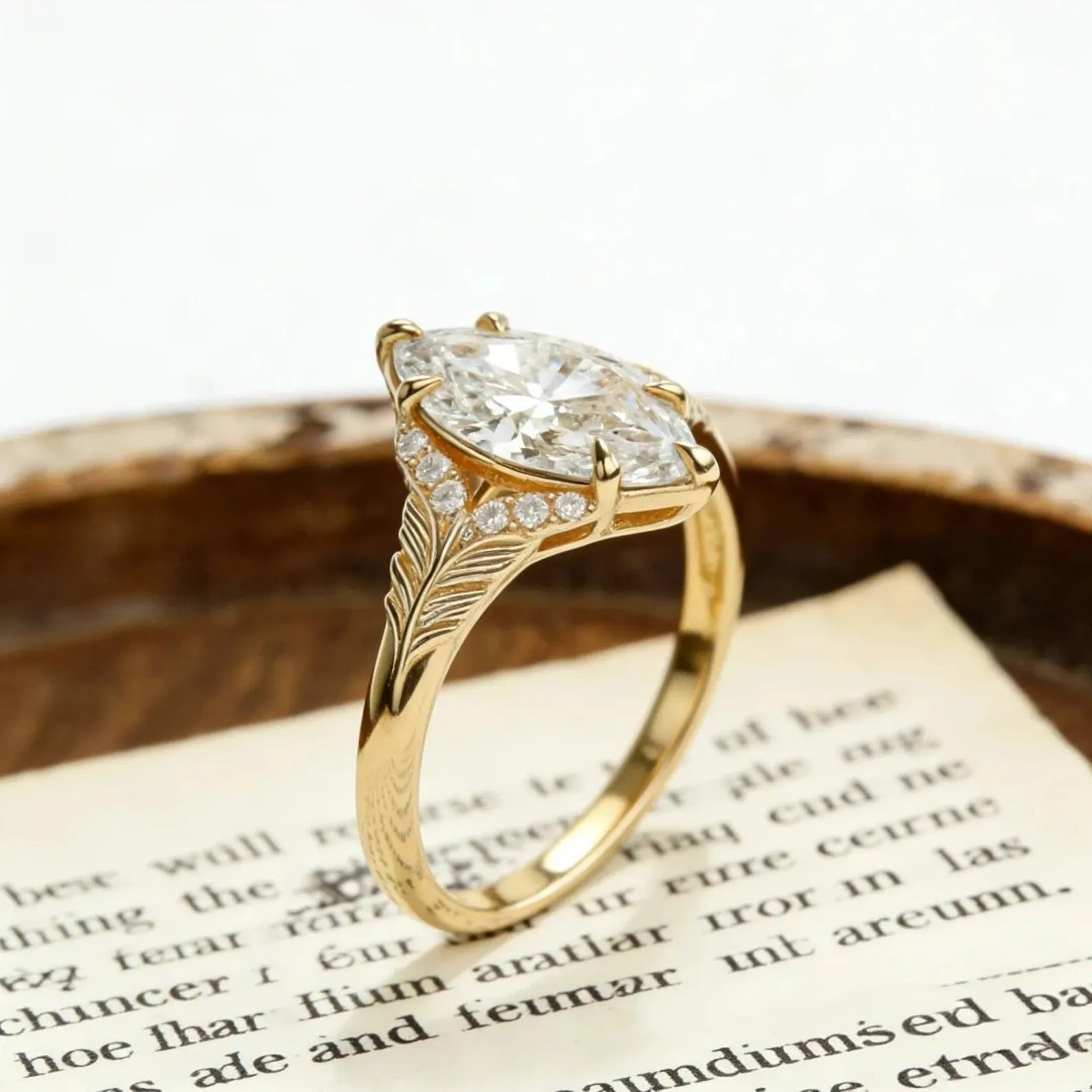 Marquise Moissanite Engagement Ring Gold Leaf Vine Bridal Ring Vintage Halo Wedding Promise Ring for Women Secondary image