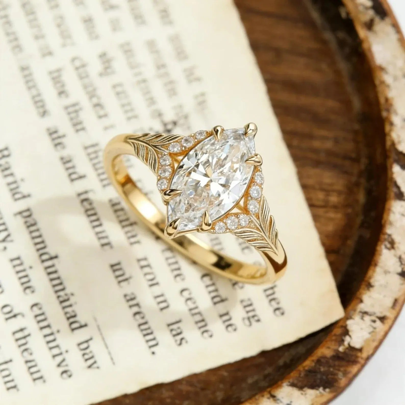 Marquise Moissanite Engagement Ring Gold Leaf Vine Bridal Ring Vintage Halo Wedding Promise Ring for Women