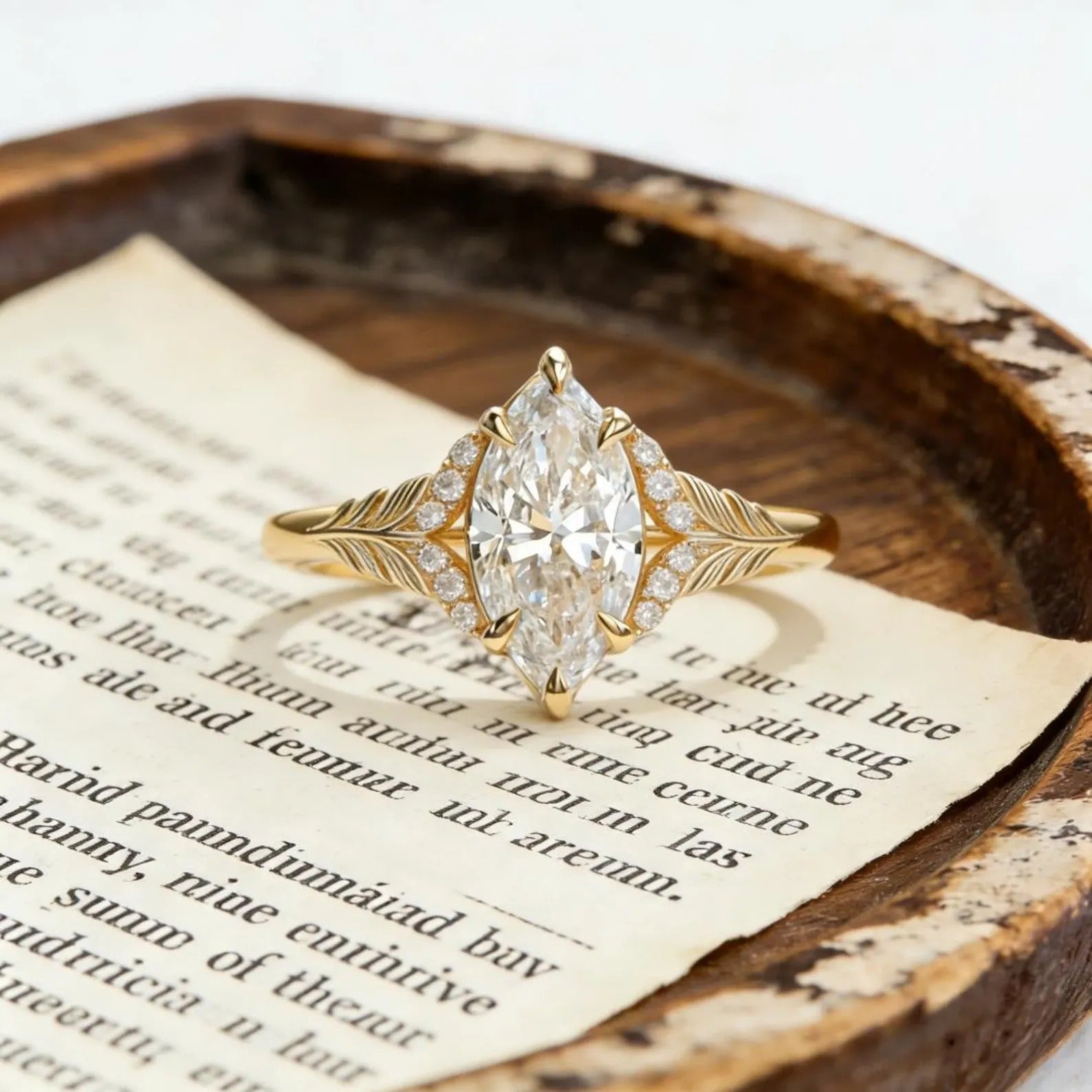 Marquise Moissanite Engagement Ring Gold Leaf Vine Bridal Ring Vintage Halo Wedding Promise Ring for Women Main image