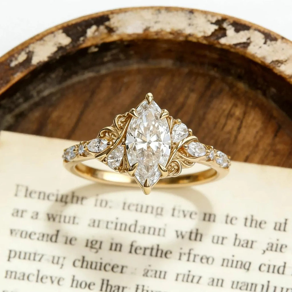 Marquise Moissanite Engagement Ring Gold Vintage Filigree Ring Antique Scroll Wedding Ring Unique Bridal Ring