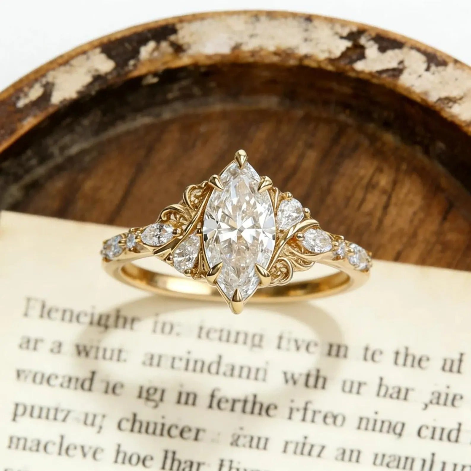 Marquise Moissanite Engagement Ring Gold Vintage Filigree Ring Antique Scroll Wedding Ring Unique Bridal Ring