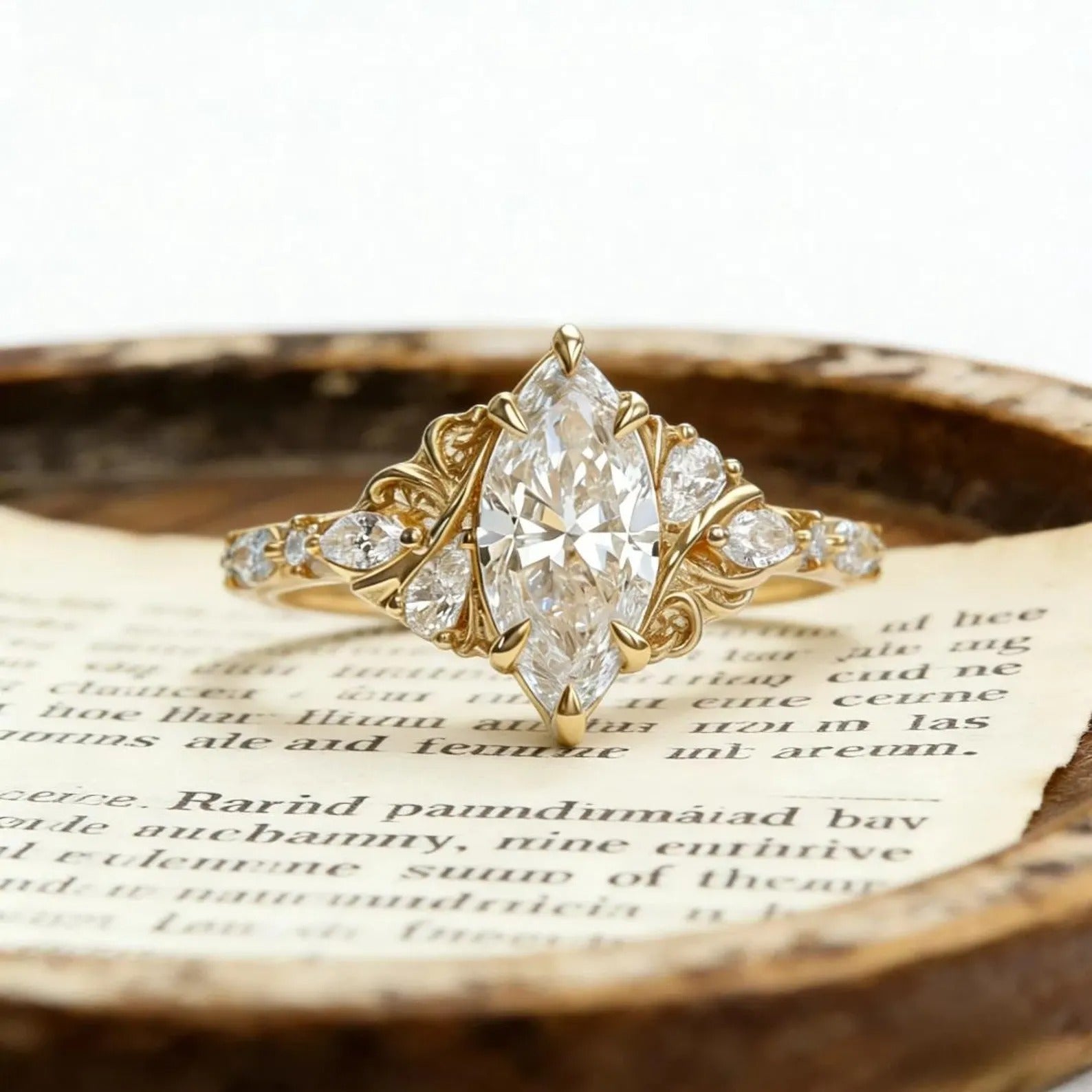Marquise Moissanite Engagement Ring Gold Vintage Filigree Ring Antique Scroll Wedding Ring Unique Bridal Ring Main image