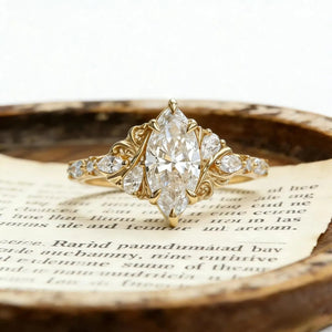 Marquise Moissanite Engagement Ring Gold Vintage Filigree Ring Antique Scroll Wedding Ring Unique Bridal Ring
