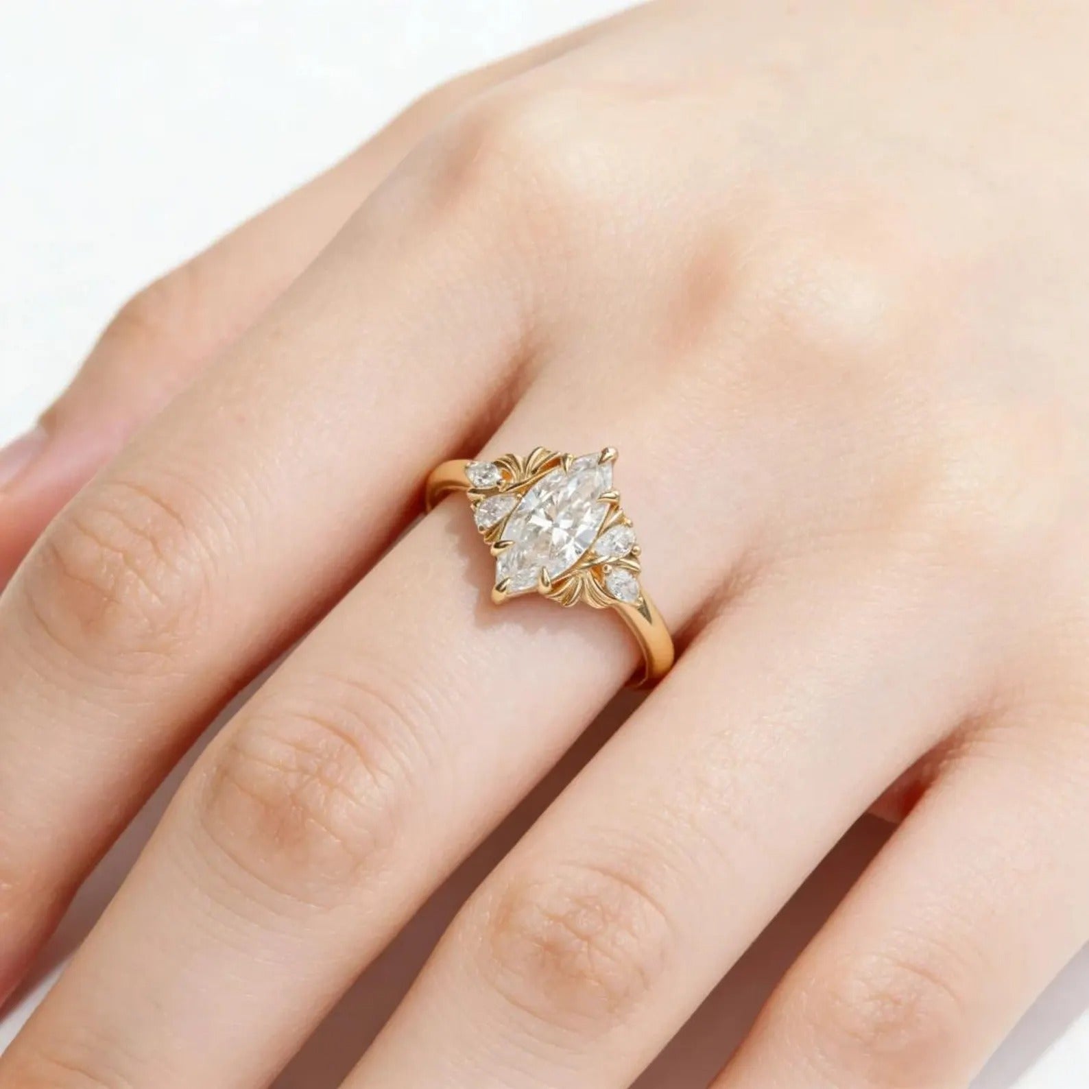 Marquise Moissanite Engagement Ring Gold Floral Cluster Ring Pear Side Stone Vintage Wedding Promise Ring for Women