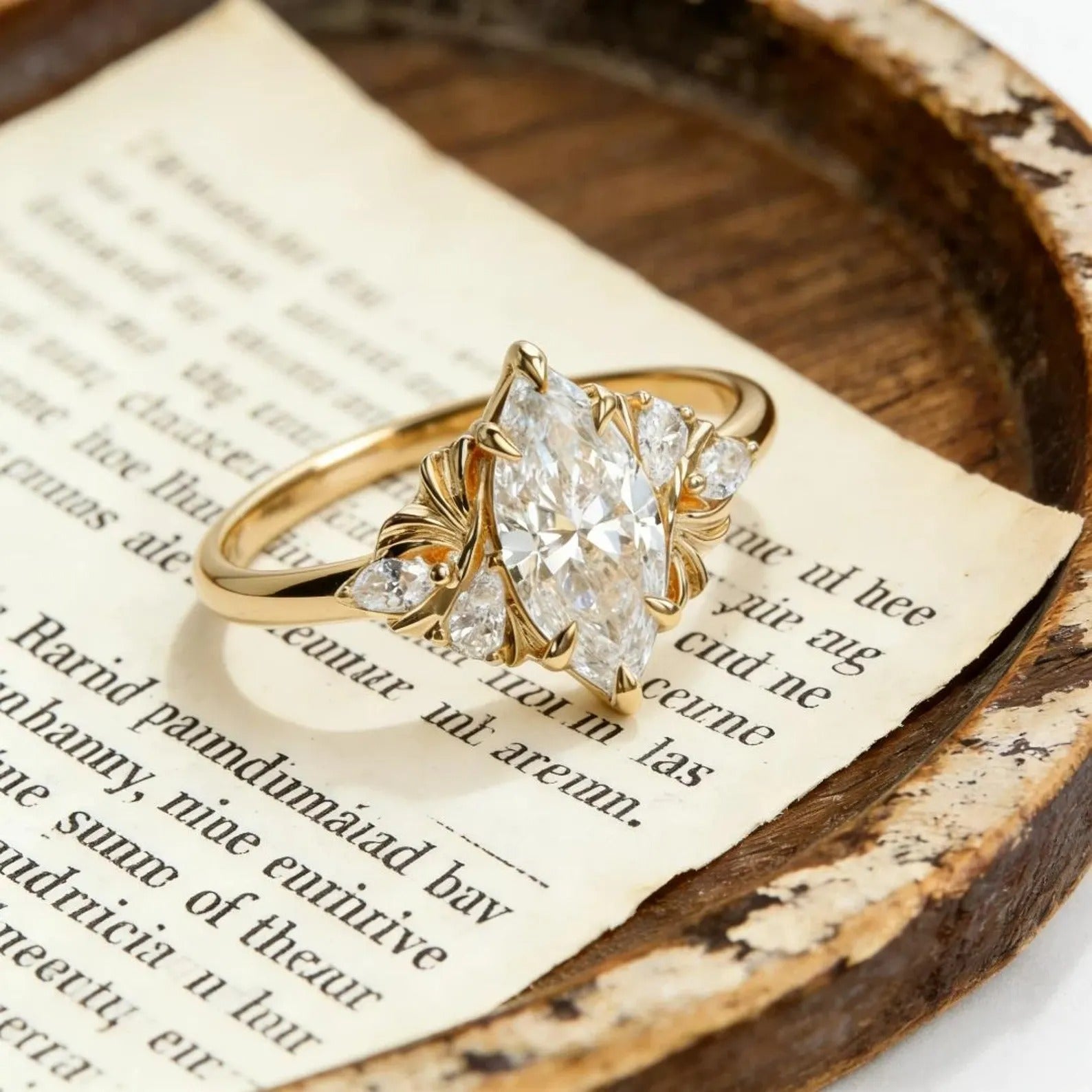 Marquise Moissanite Engagement Ring Gold Floral Cluster Ring Pear Side Stone Vintage Wedding Promise Ring for Women Secondary image