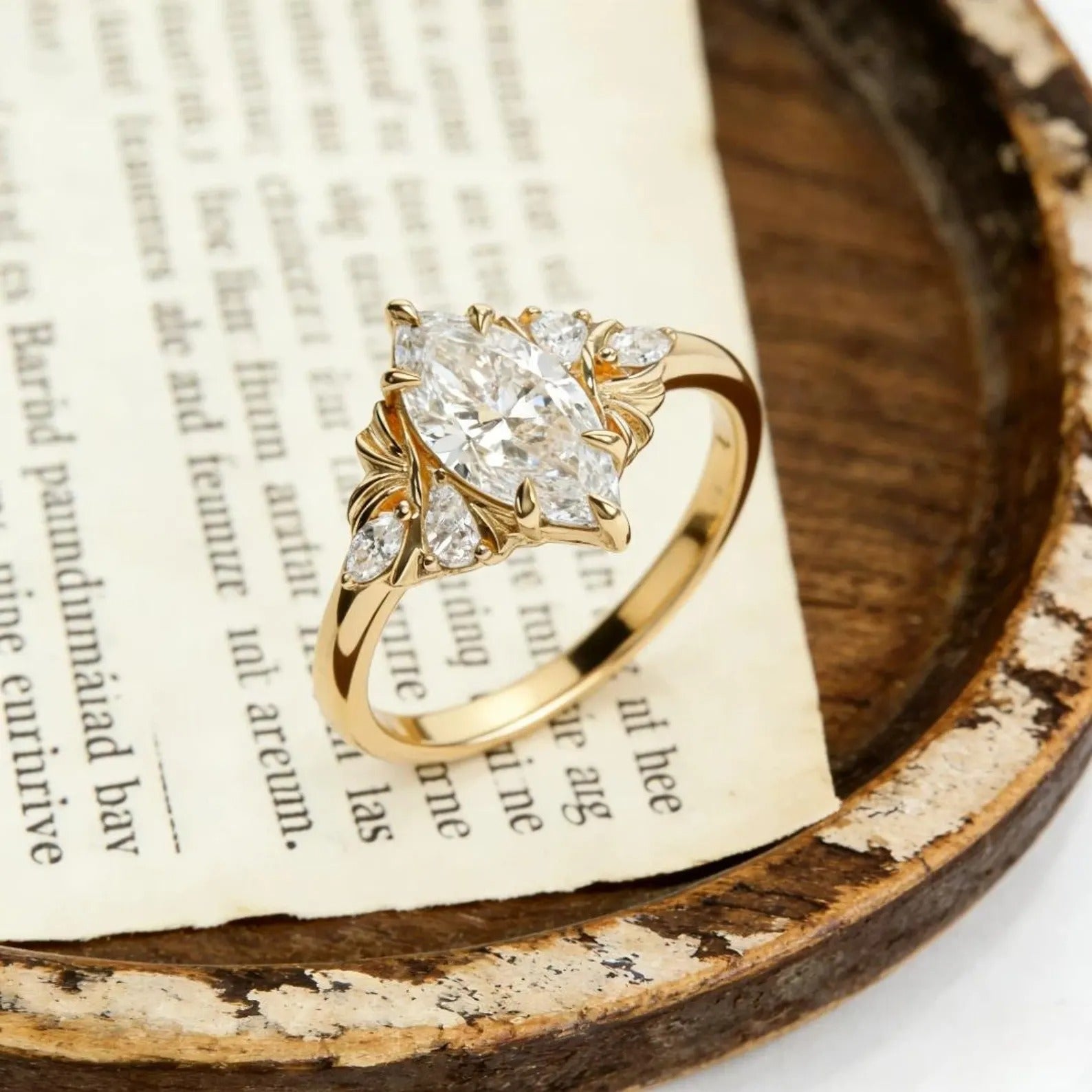 Marquise Moissanite Engagement Ring Gold Floral Cluster Ring Pear Side Stone Vintage Wedding Promise Ring for Women