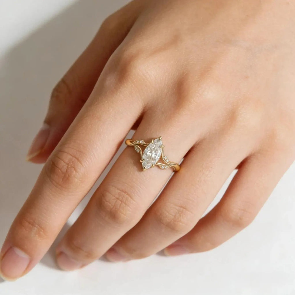 Marquise Moissanite Engagement Ring, Leaf Vine Twisted Band Ring, Unique Gold Wedding Ring, Nature Inspired Promise Ring