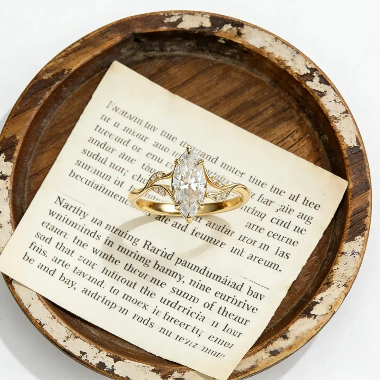 Marquise Moissanite Engagement Ring, Leaf Vine Twisted Band Ring, Unique Gold Wedding Ring, Nature Inspired Promise Ring Main image