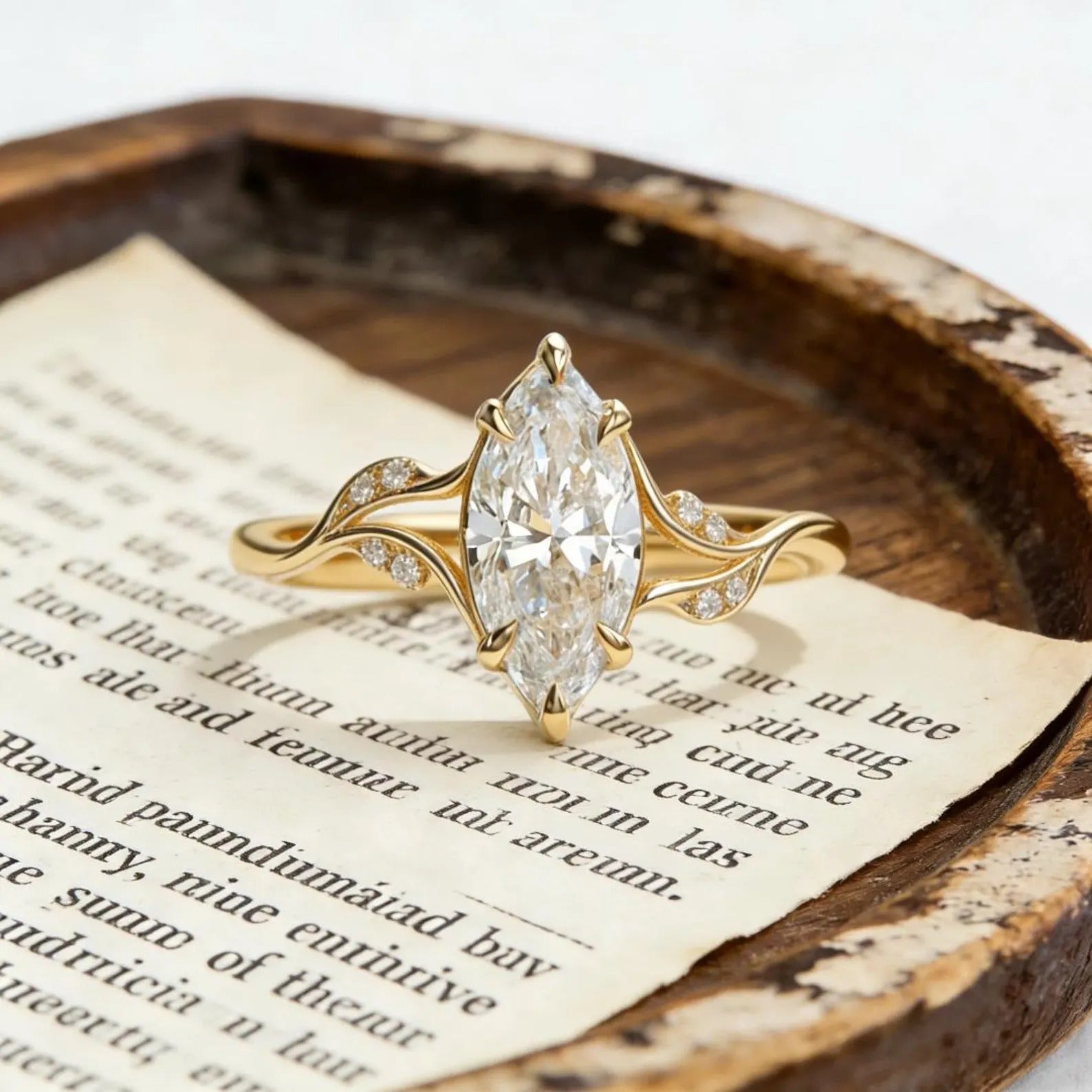 Marquise Moissanite Engagement Ring, Leaf Vine Twisted Band Ring, Unique Gold Wedding Ring, Nature Inspired Promise Ring Secondary image