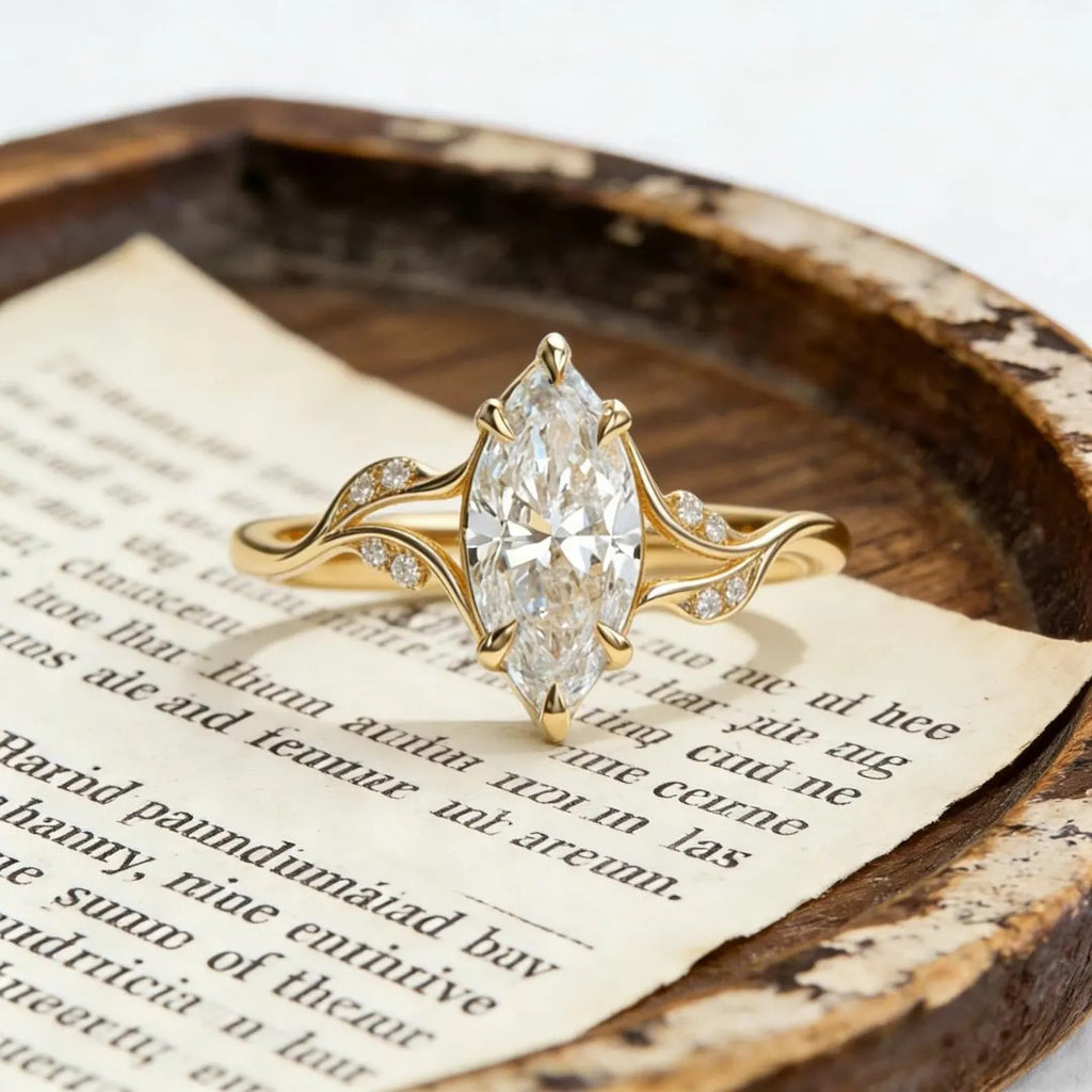 Marquise Moissanite Engagement Ring, Leaf Vine Twisted Band Ring, Unique Gold Wedding Ring, Nature Inspired Promise Ring