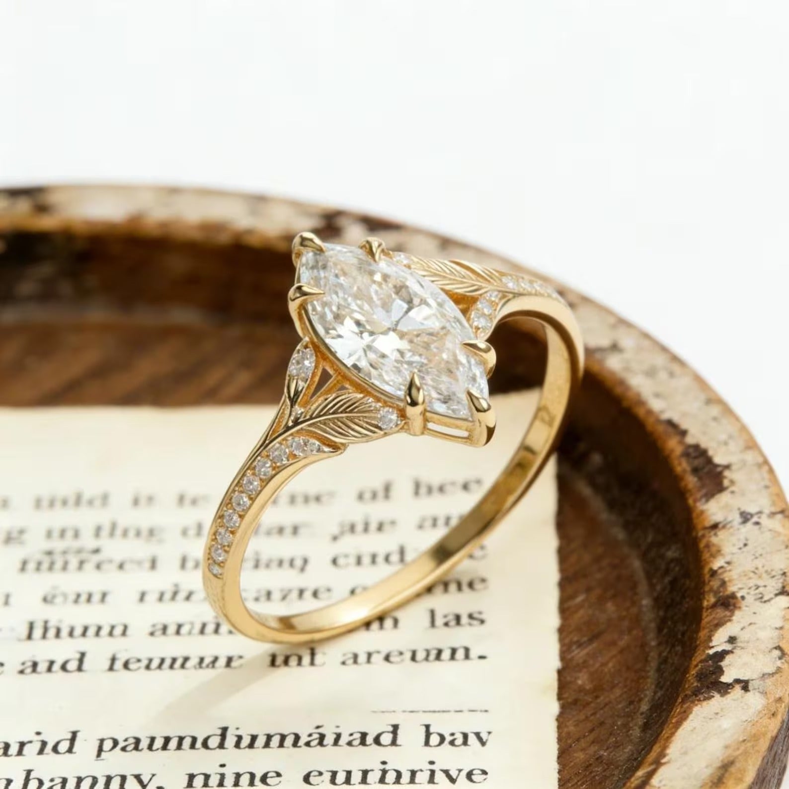 Marquise Moissanite Engagement Ring, Leaf Vine Diamond Ring, Nature Inspired Gold Wedding Ring, Unique Promise Ring for Women