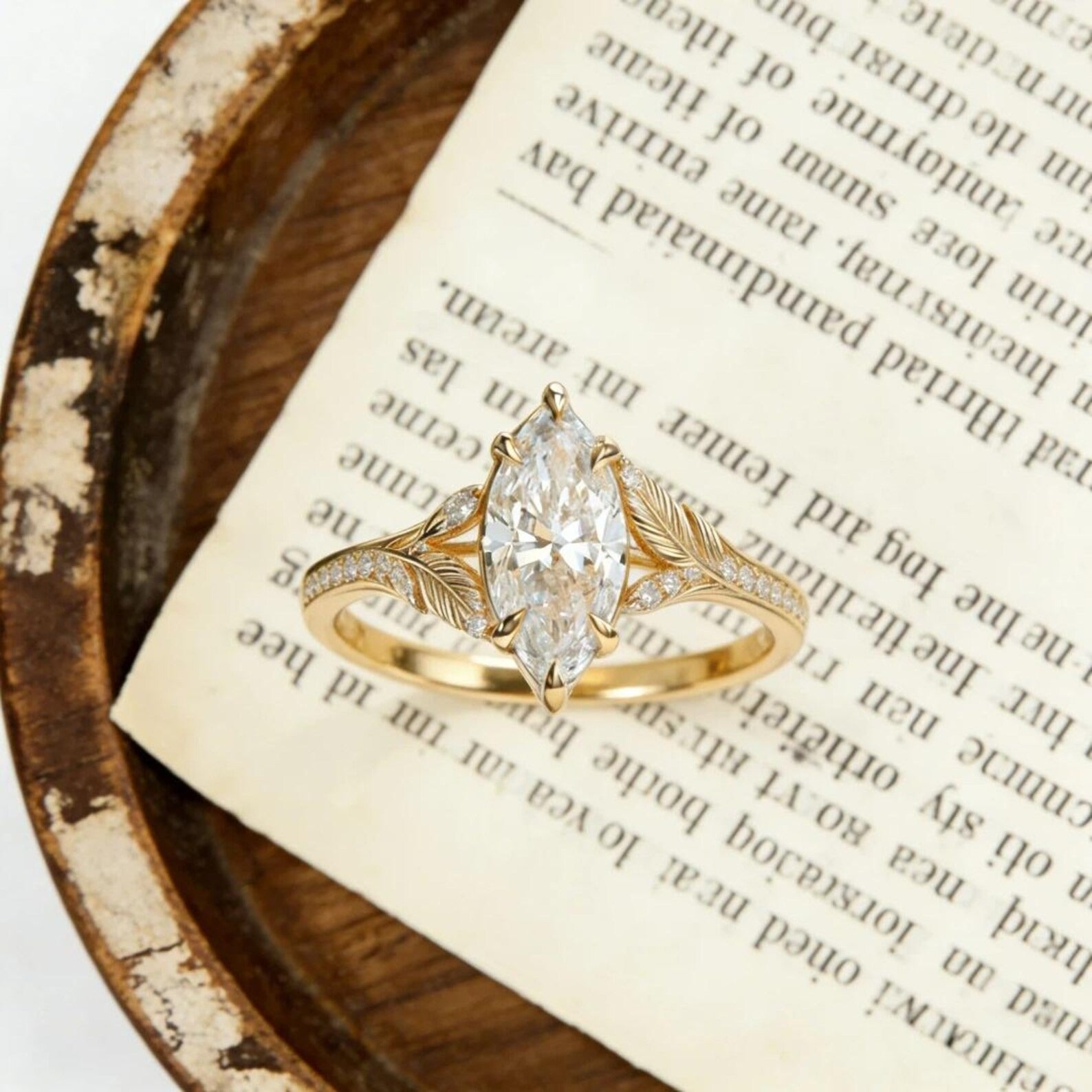 Marquise Moissanite Engagement Ring, Leaf Vine Diamond Ring, Nature Inspired Gold Wedding Ring, Unique Promise Ring for Women Secondary image