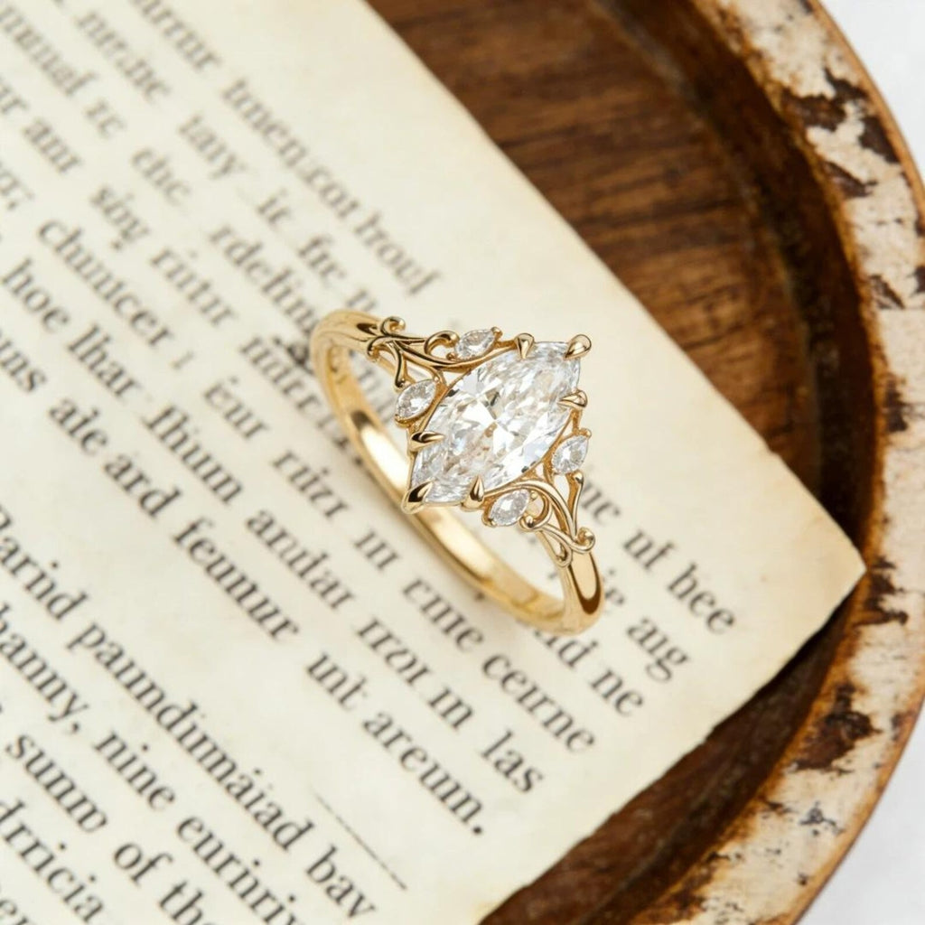 Marquise Moissanite Engagement Ring, Vintage Filigree Scroll Ring, Antique Style Gold Wedding Ring, Unique Promise Ring for Women