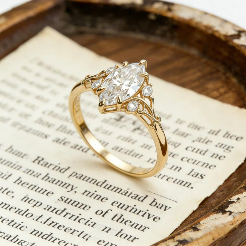 Marquise Moissanite Engagement Ring, Vintage Filigree Scroll Ring, Antique Style Gold Wedding Ring, Unique Promise Ring for Women