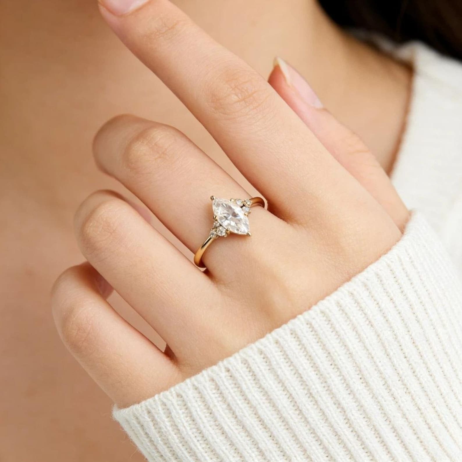 Marquise Moissanite Engagement Ring, Solitaire Ring with Cluster Side Stones, Gold Wedding Ring, Elegant Promise Ring for Women