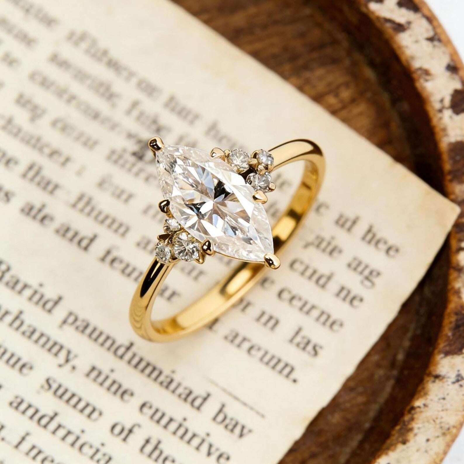 Marquise Moissanite Engagement Ring, Solitaire Ring with Cluster Side Stones, Gold Wedding Ring, Elegant Promise Ring for Women Secondary image
