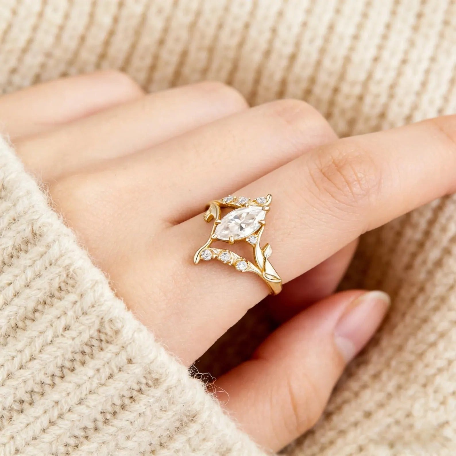 Marquise Moissanite Engagement Ring, Nature Inspired Leaf Vine Ring, Unique Vintage Wedding Ring, Gold Elven Engagement Ring, Promise Ring