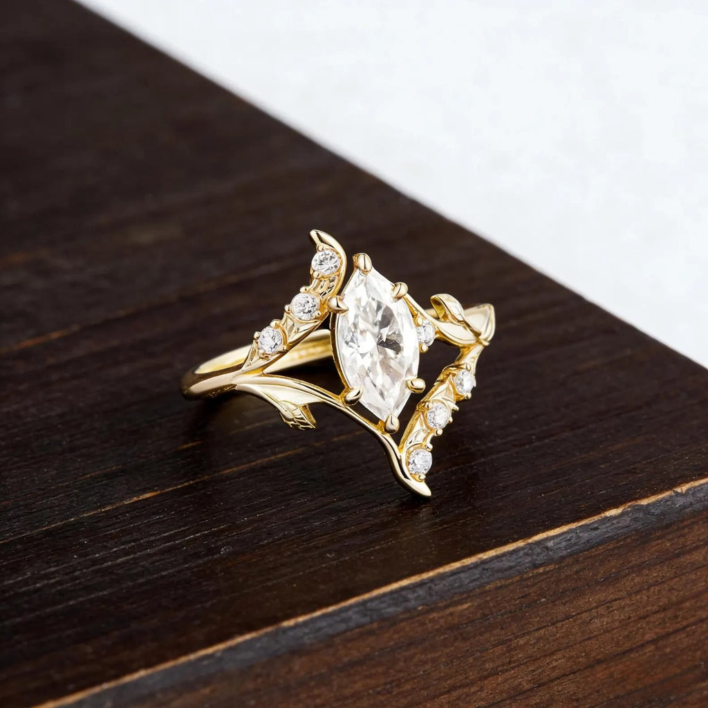 Marquise Moissanite Engagement Ring, Nature Inspired Leaf Vine Ring, Unique Vintage Wedding Ring, Gold Elven Engagement Ring, Promise Ring