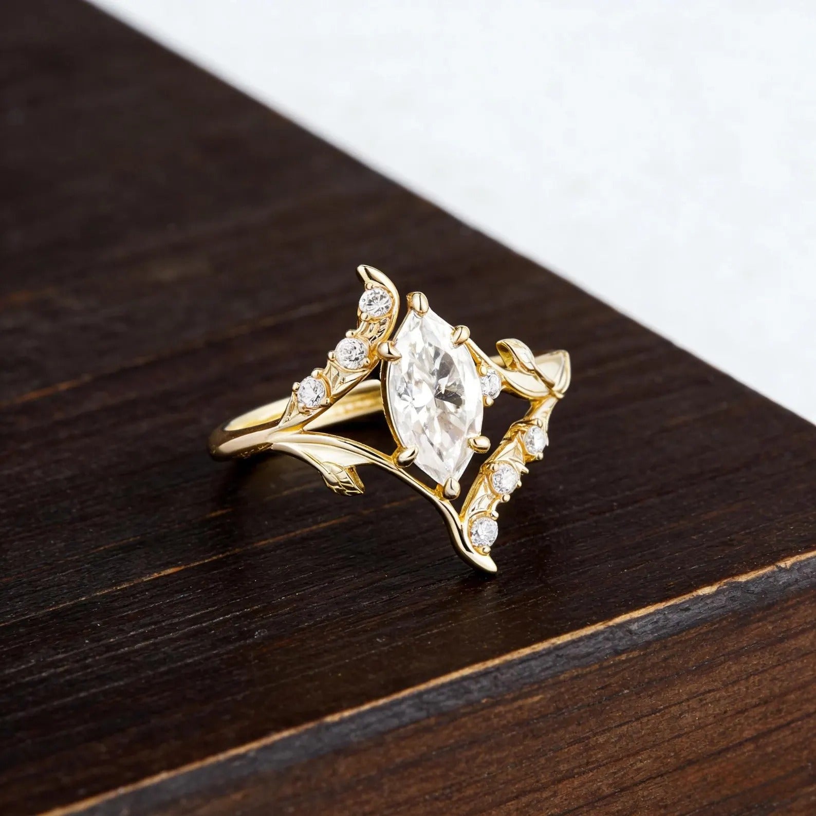 Marquise Moissanite Engagement Ring, Nature Inspired Leaf Vine Ring, Unique Vintage Wedding Ring, Gold Elven Engagement Ring, Promise Ring