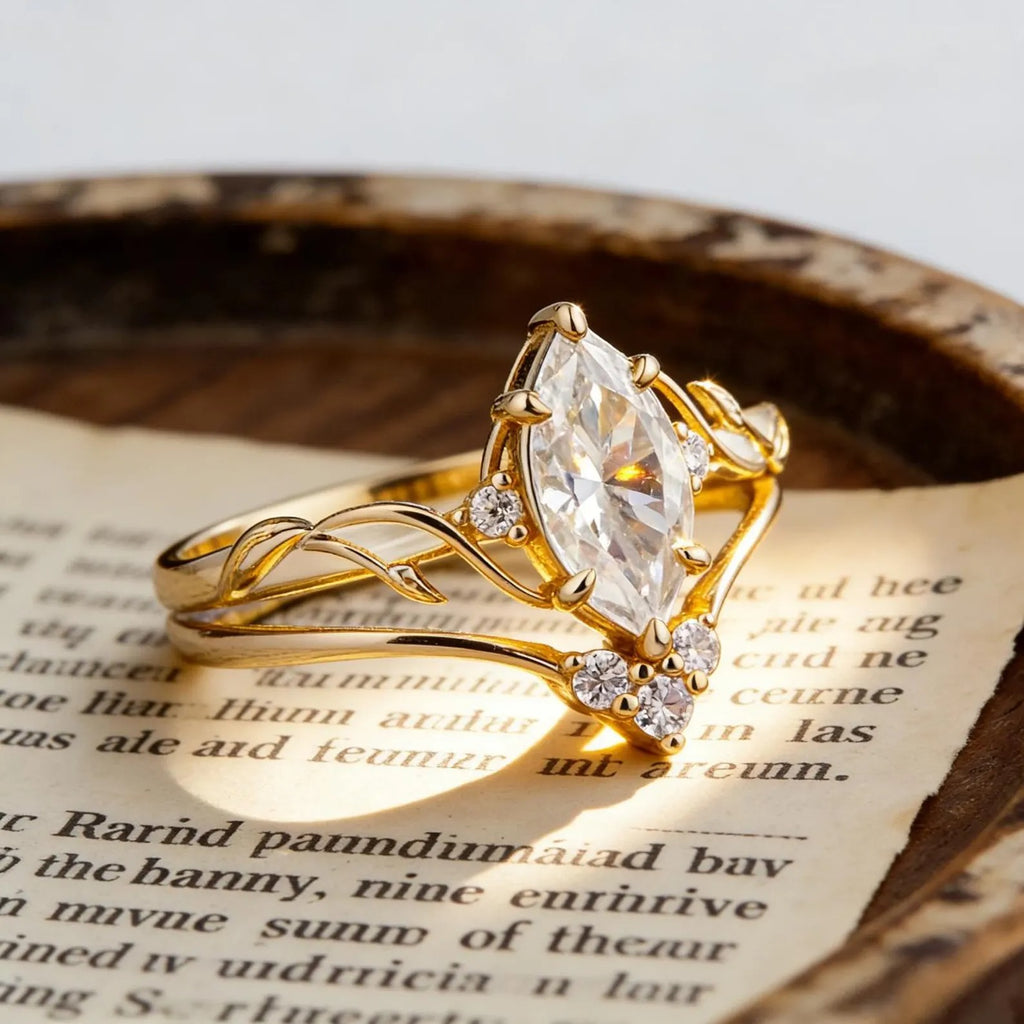 Marquise Moissanite Engagement Ring Set, Nature Inspired Leaf Vine Bridal Ring Set, Vintage Gold Wedding Ring Set, Unique Promise Ring